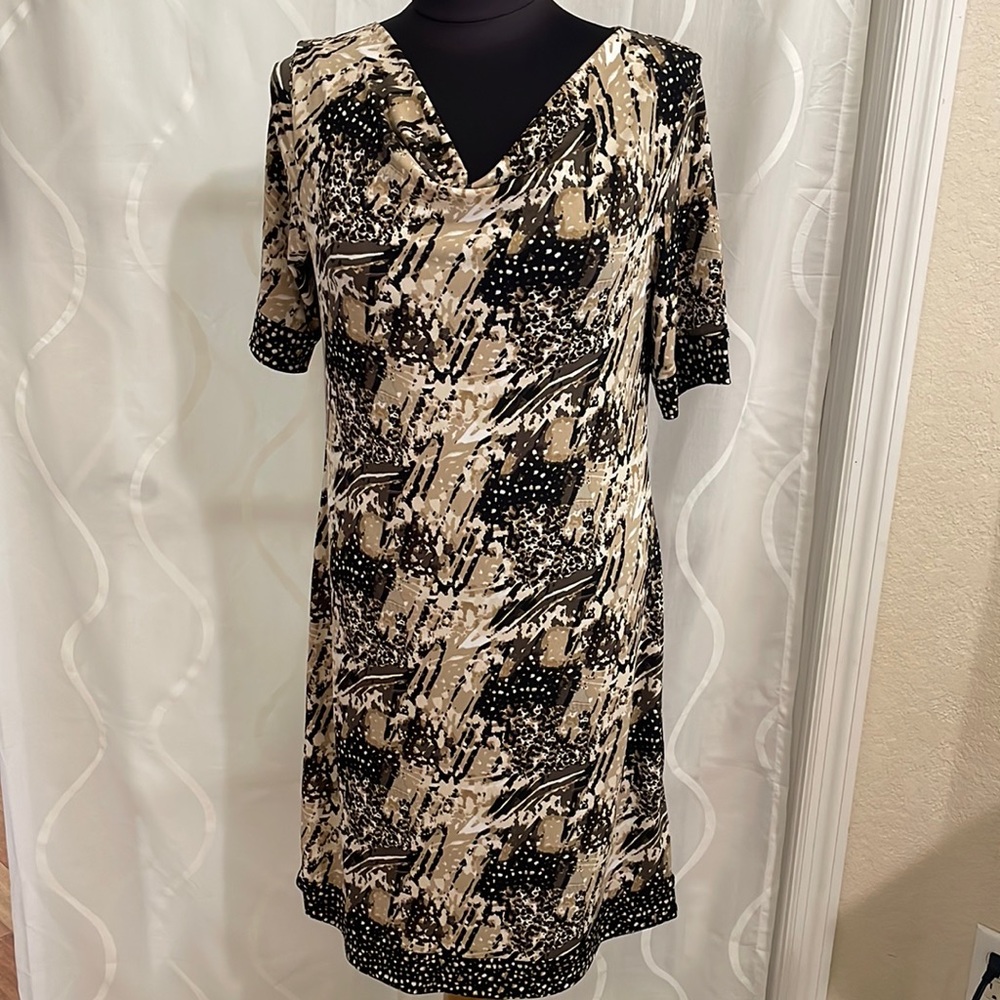 Style & Co. Petite Tan, Brown & Black Print Dress, Size PM